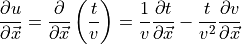 \frac{\partial u}{\partial \vec{x}}
= \frac{\partial}{\partial \vec{x}}\left(\frac{t}{v}\right)
= \frac{1}{v} \frac{\partial t}{\partial \vec{x}}
- \frac{t}{v^2} \frac{\partial v}{\partial \vec{x}}